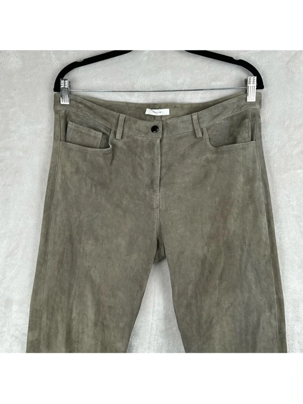 The Row Olive Green Lambskin Suede Straight-Leg Pants (Quiet Luxury) - Picture 2 of 13